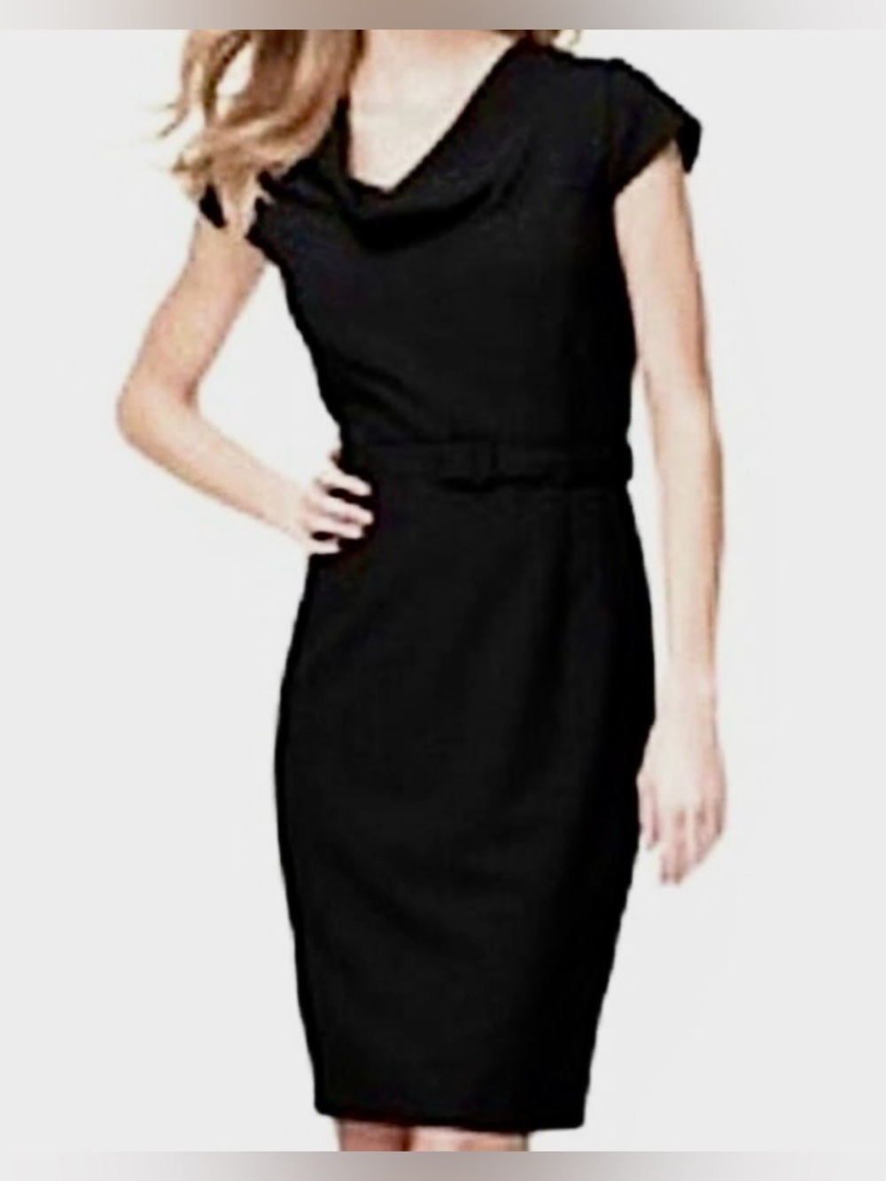 Calvin Klein Cowl-Neck Midi Black Dress, Cap Sleeves & Belt, Like New Retail $68